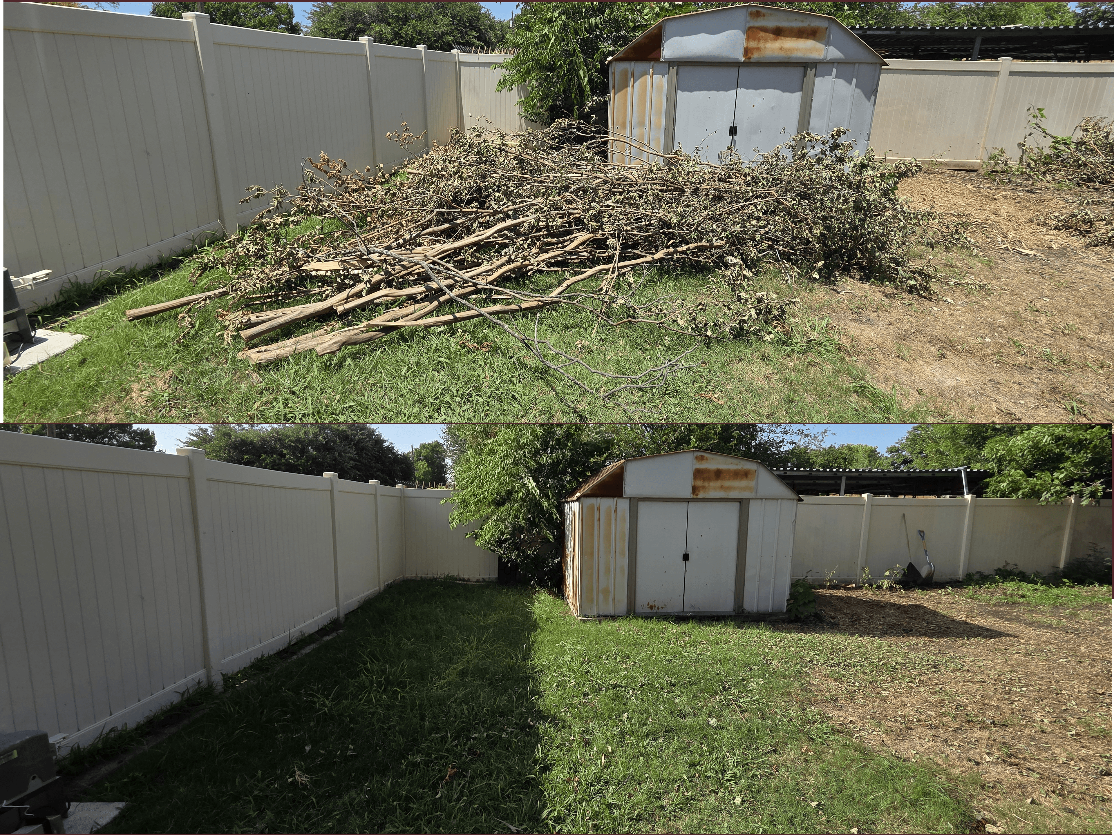 Branches pile before and after